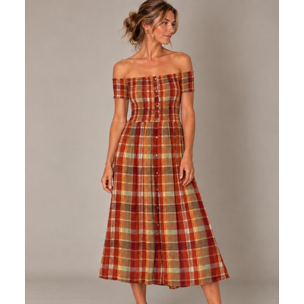 Urban Outfitters Midi Dress Womens Medium Orange Plaid Off Shoulder Smocked